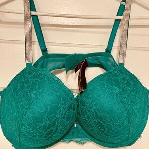 Victoria’s Secret Green Lace Bra with Rhinestone Straps 38C